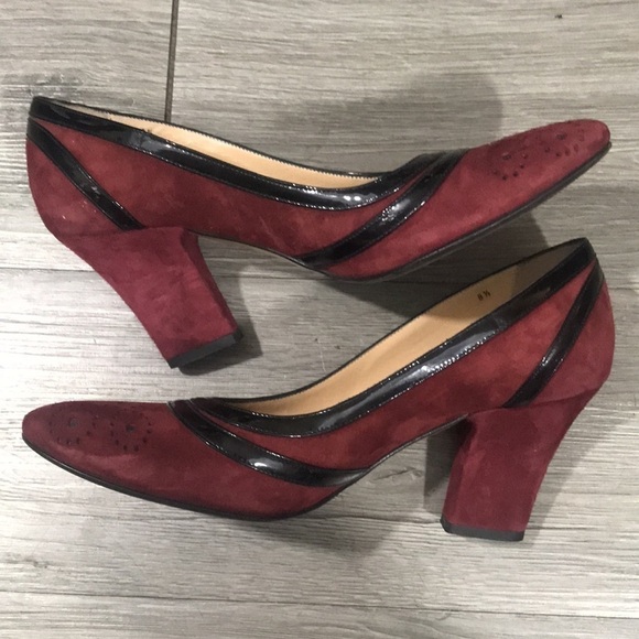Marvin K. Burgundy Suede Wingtip Detailing Pumps w/ Black Patent Leather Trim - Picture 7 of 10
